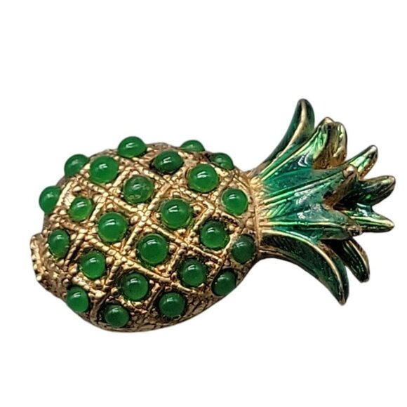 Ciner Rare Pineapple Brooch Green Cabachons 18k Gold Plated Book Piece Vintage - Picture 5 of 10